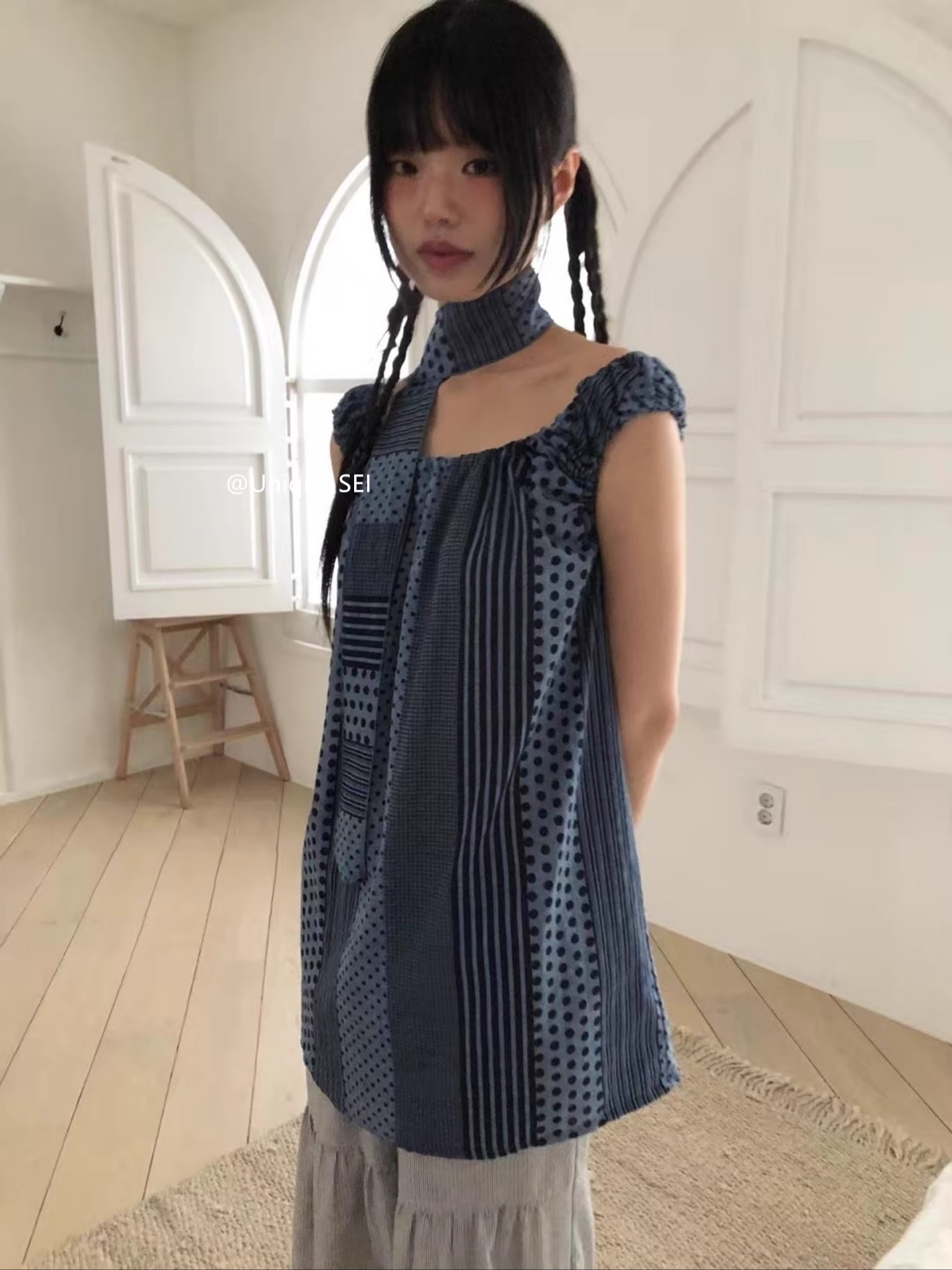 Unique Retro Vertical Stripe Check Polka Dot Patchwork Irregular Sleeveless Dress - Casual Versatile Y2K Style Fashion