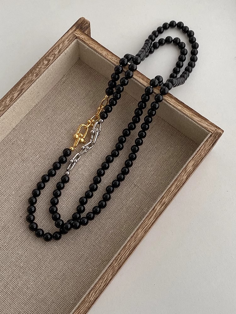 Unique Silver and Gold Beaded Black Agate Necklace for Women, Niche Collarbone Chain, Boho Style Jewelry Unique Silver and Gold Beaded Black Agate Necklace for Women, Niche Collarbone Chain, Boho Style Jewelry