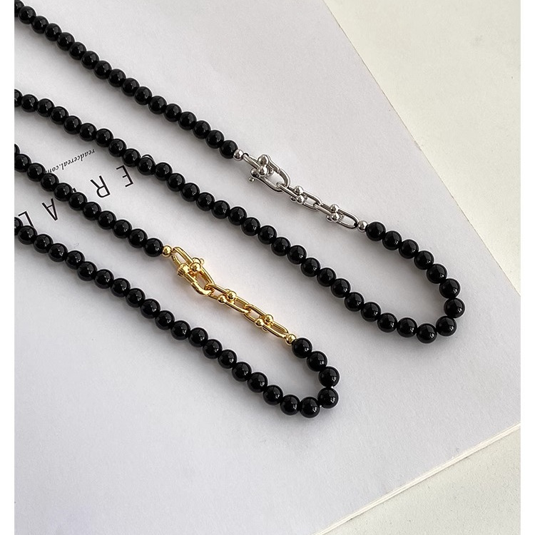 Unique Silver and Gold Beaded Black Agate Necklace for Women, Niche Collarbone Chain, Boho Style Jewelry Unique Silver and Gold Beaded Black Agate Necklace for Women, Niche Collarbone Chain, Boho Style Jewelry