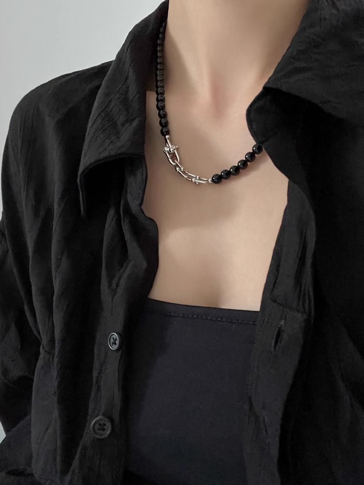 Unique Silver and Gold Beaded Black Agate Necklace for Women, Niche Collarbone Chain, Boho Style Jewelry