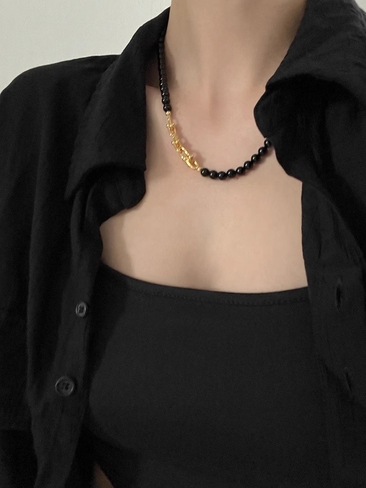 Unique Silver and Gold Beaded Black Agate Necklace for Women, Niche Collarbone Chain, Boho Style Jewelry Unique Silver and Gold Beaded Black Agate Necklace for Women, Niche Collarbone Chain, Boho Style Jewelry