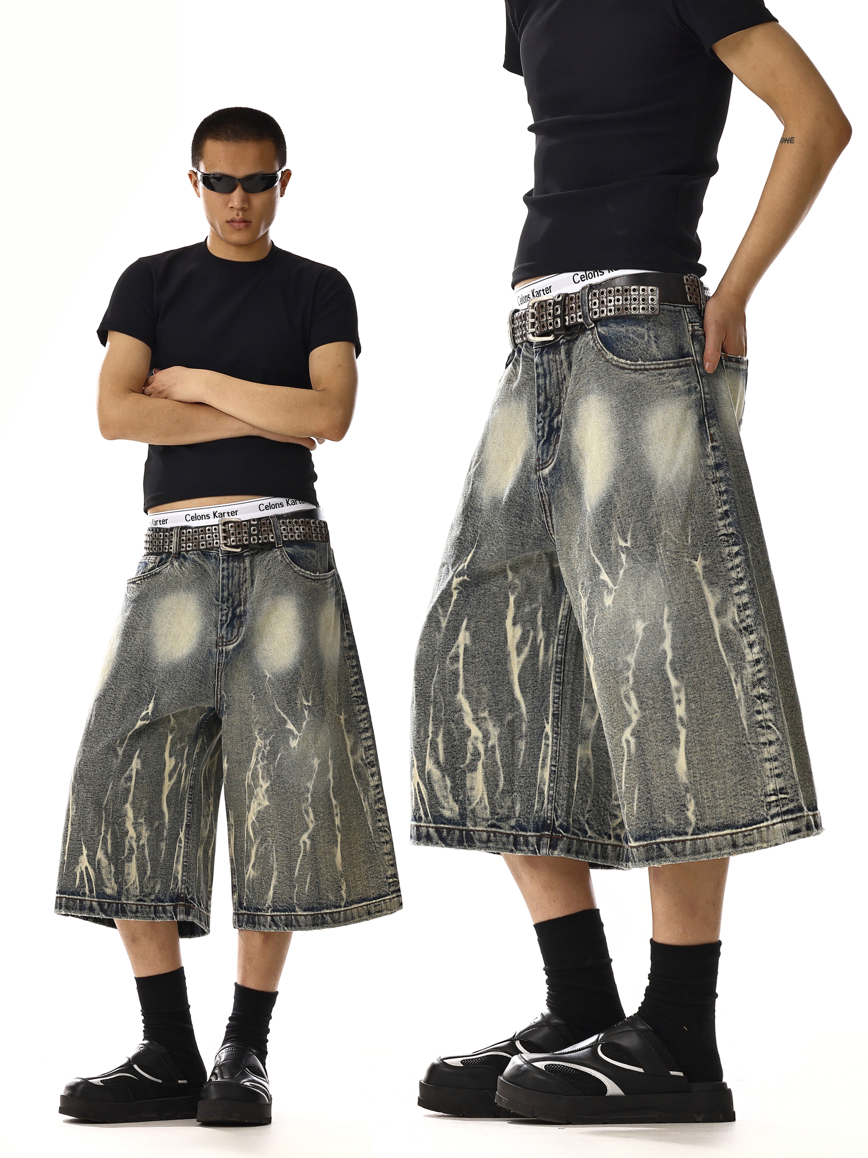 Unisex American Retro Floral Lightning Pattern Denim Shorts - Mid-Length Trendy Streetwear Loose Wide-Leg Capris for Summer
