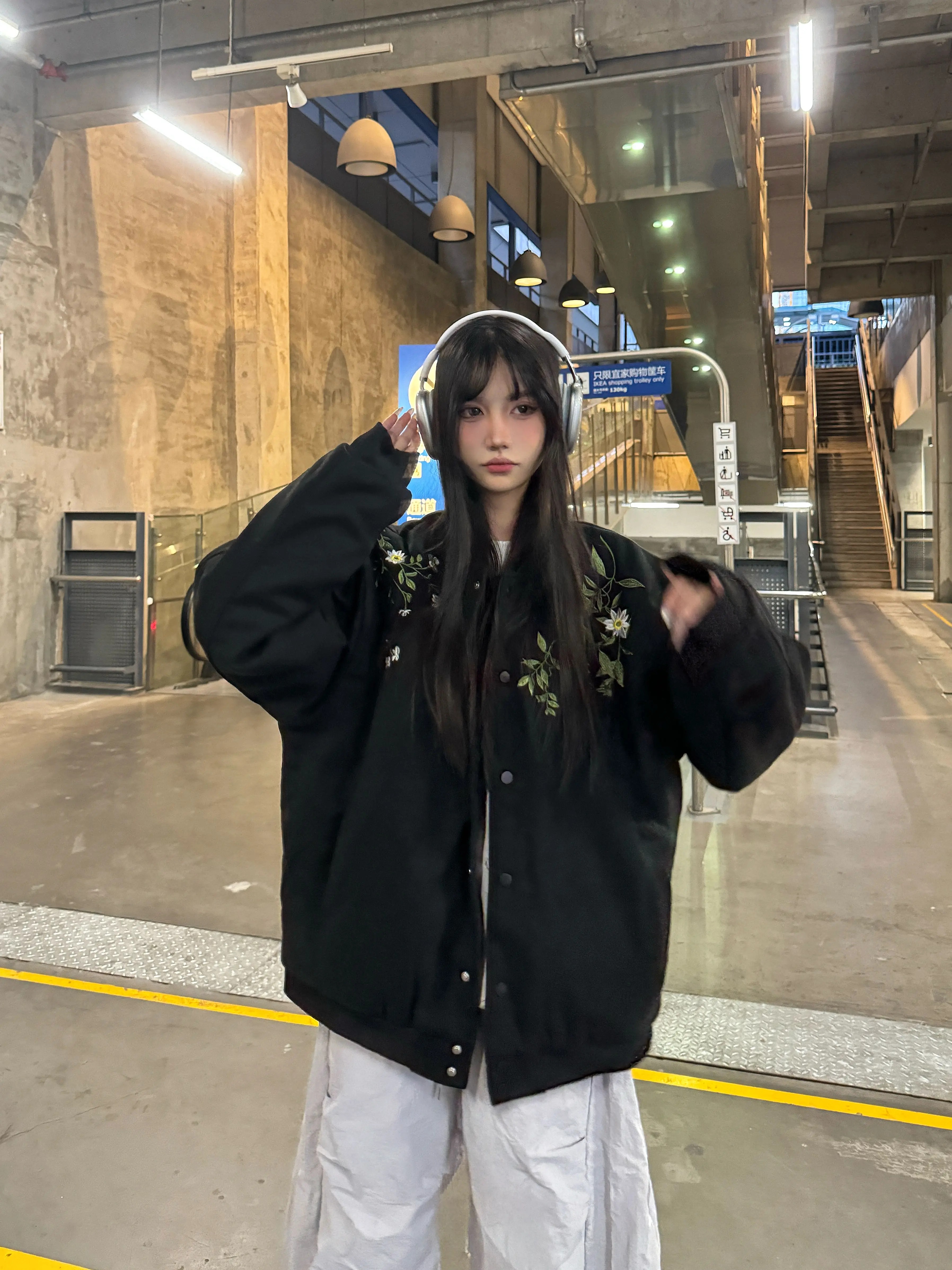 Unisex Floral Embroidery Baseball Jacket - Thickened Cotton Winter Coat, Trendy Amoeba Design Unisex Floral Embroidery Baseball Jacket - Thickened Cotton Winter Coat, Trendy Amoeba Design