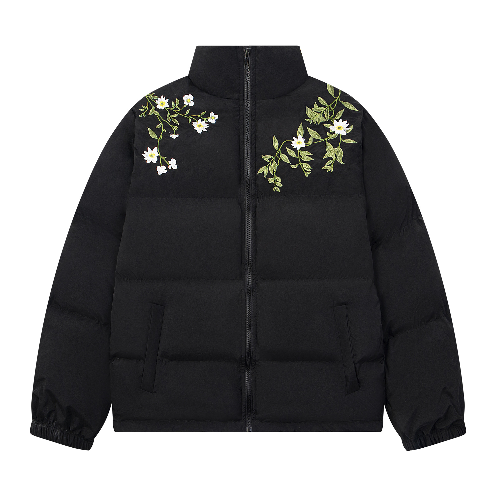 Unisex Floral Embroidery Cotton Puffer Jacket - Loose Fit, Thick Winter Coat, National Trend, Warm Outerwear