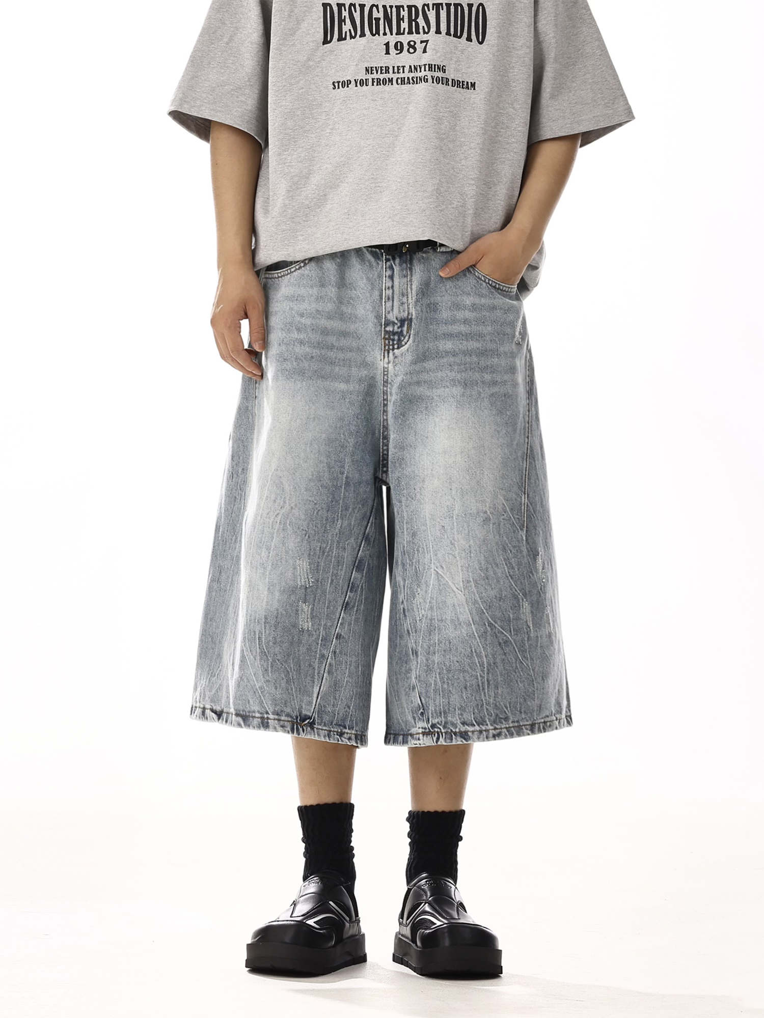 Unisex High Street Washed Denim Shorts - Summer Loose Wide-Leg Casual Style for Men and Women
