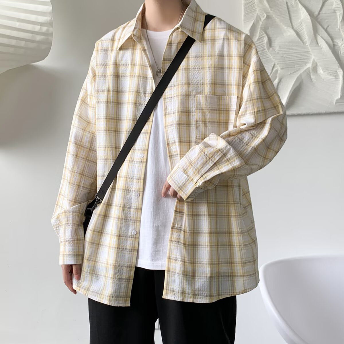 Unisex Loose Plaid Shirt Jacket - Summer City Style, Long Sleeve, High-End Feel, Trendy Hong Kong Fashion for Students Unisex Loose Plaid Shirt Jacket - Summer City Style, Long Sleeve, High-End Feel, Trendy Hong Kong Fashion for Students
