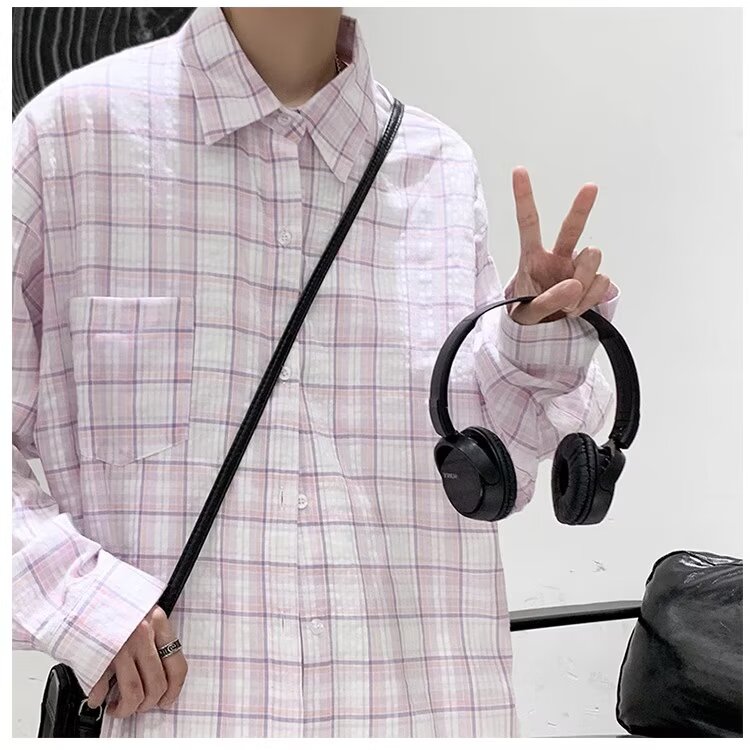 Unisex Loose Plaid Shirt Jacket - Summer City Style, Long Sleeve, High-End Feel, Trendy Hong Kong Fashion for Students Unisex Loose Plaid Shirt Jacket - Summer City Style, Long Sleeve, High-End Feel, Trendy Hong Kong Fashion for Students