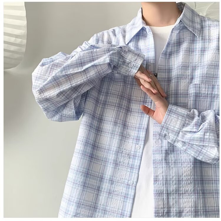 Unisex Loose Plaid Shirt Jacket - Summer City Style, Long Sleeve, High-End Feel, Trendy Hong Kong Fashion for Students Unisex Loose Plaid Shirt Jacket - Summer City Style, Long Sleeve, High-End Feel, Trendy Hong Kong Fashion for Students
