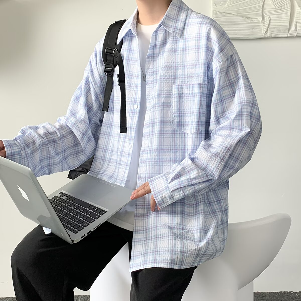 Unisex Loose Plaid Shirt Jacket - Summer City Style, Long Sleeve, High-End Feel, Trendy Hong Kong Fashion for Students Unisex Loose Plaid Shirt Jacket - Summer City Style, Long Sleeve, High-End Feel, Trendy Hong Kong Fashion for Students