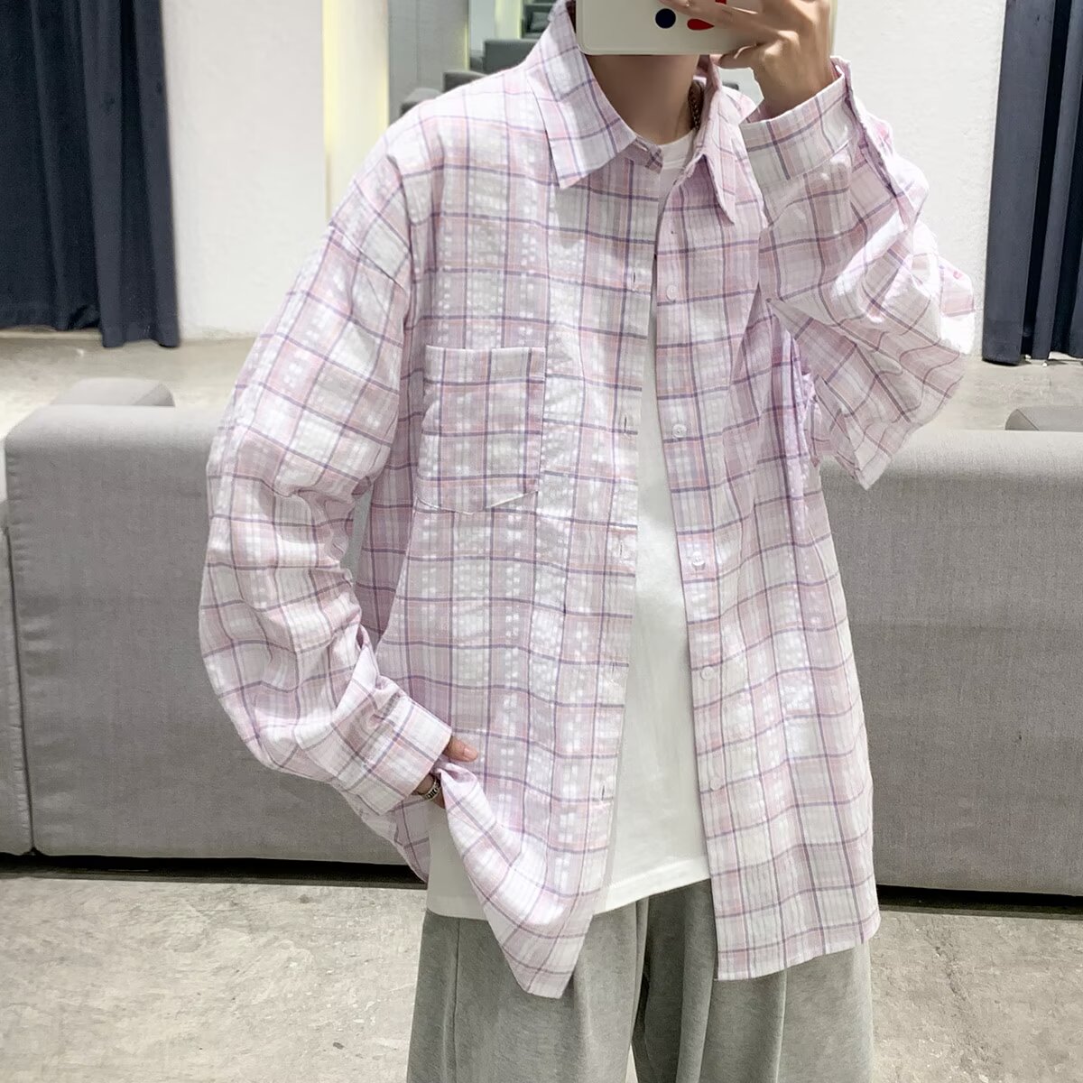 Unisex Loose Plaid Shirt Jacket - Summer City Style, Long Sleeve, High-End Feel, Trendy Hong Kong Fashion for Students Unisex Loose Plaid Shirt Jacket - Summer City Style, Long Sleeve, High-End Feel, Trendy Hong Kong Fashion for Students