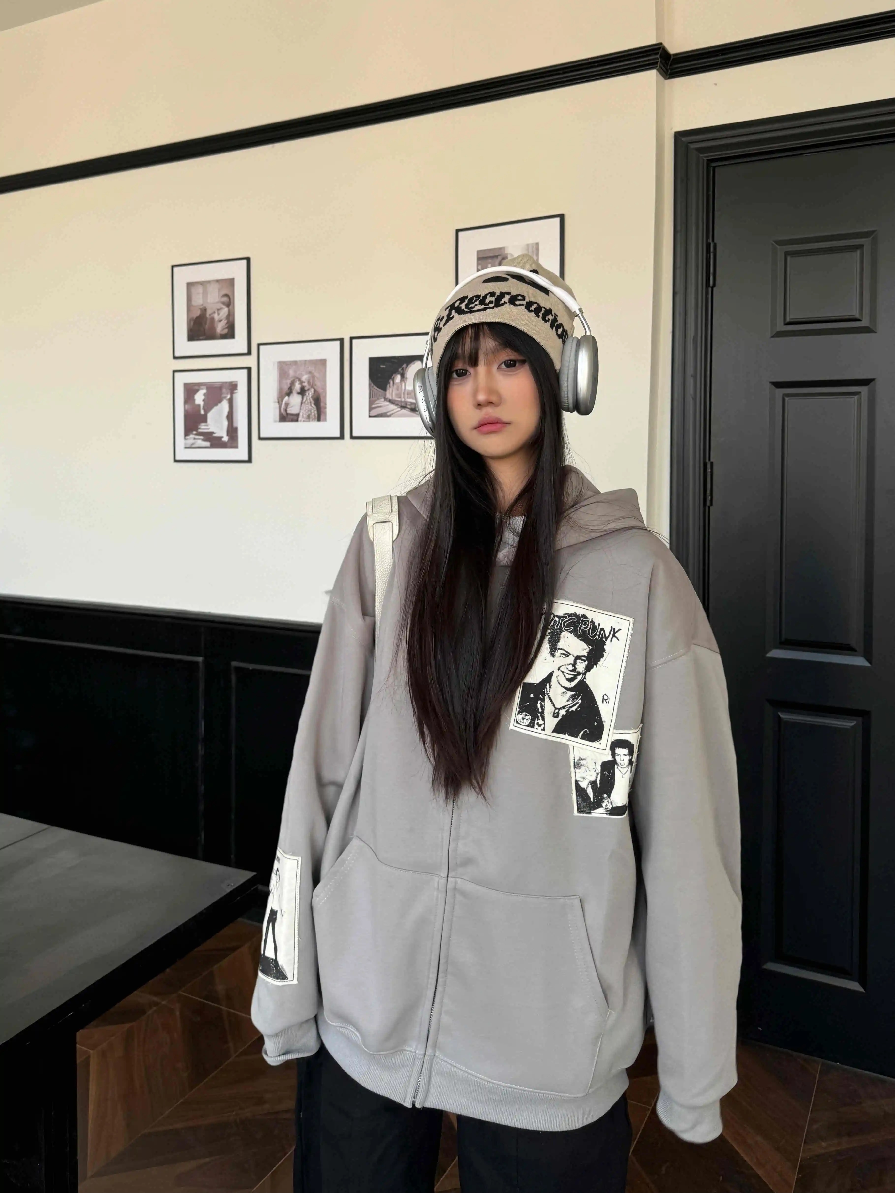 Unisex Loose Zip-Up Hoodie Cardigan with Amoeba Portrait Patch - American Street Style Niche Design Unisex Loose Zip-Up Hoodie Cardigan with Amoeba Portrait Patch - American Street Style Niche Design