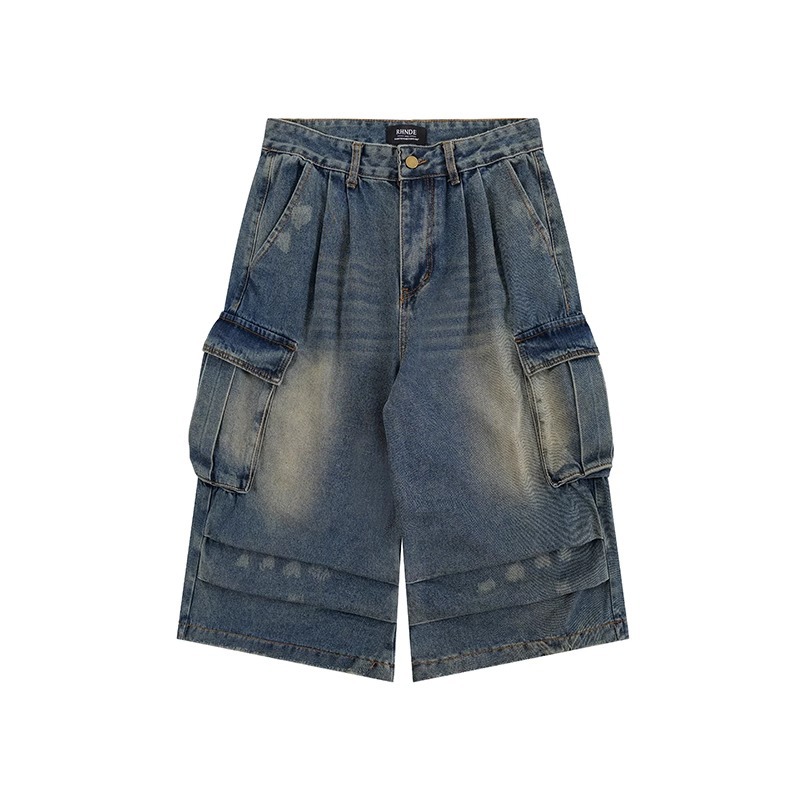 Unisex Multi-Pocket Pleated Denim Shorts - Loose Straight Leg, Washed & Distressed, Casual Summer Workwear, 7/8 Length