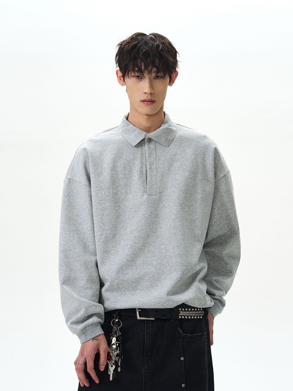 Unisex Retro Polo Collar Long Sleeve Sweatshirt - American Street Style Clean Fit, Versatile Loose Top Unisex Retro Polo Collar Long Sleeve Sweatshirt - American Street Style Clean Fit, Versatile Loose Top