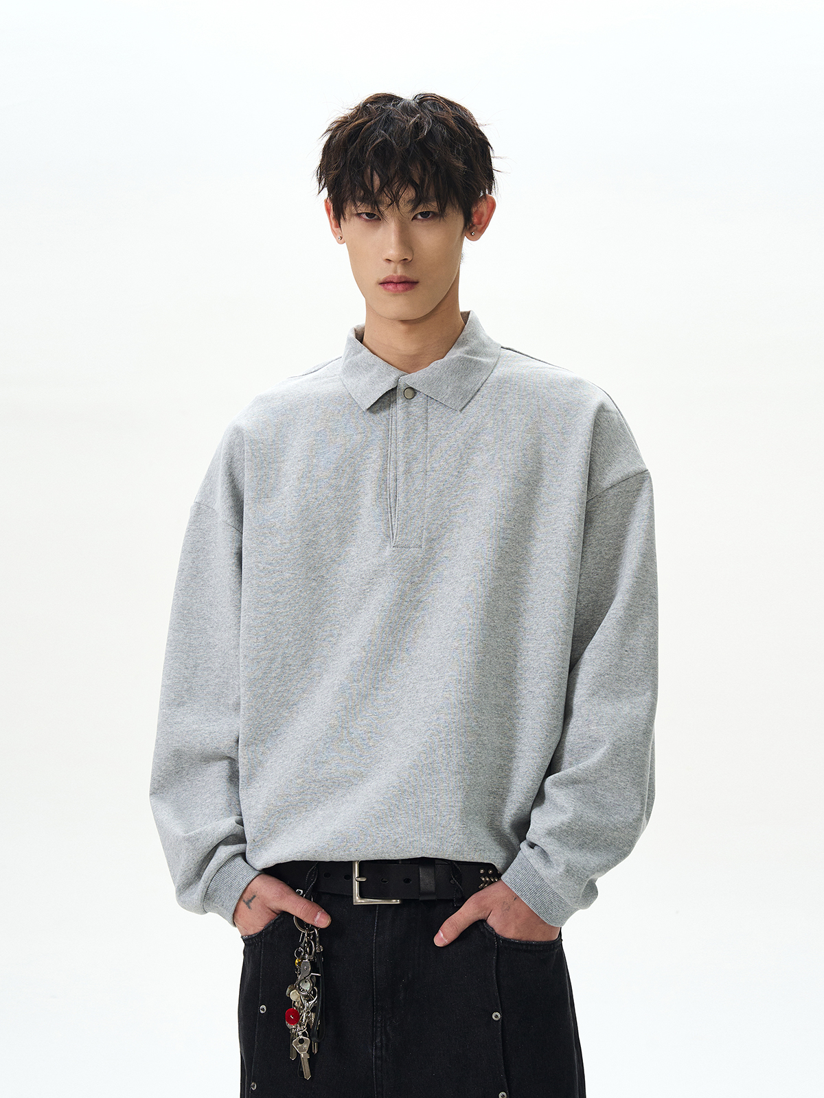 Unisex Retro Polo Collar Long Sleeve Sweatshirt - American Street Style Clean Fit, Versatile Loose Top Unisex Retro Polo Collar Long Sleeve Sweatshirt - American Street Style Clean Fit, Versatile Loose Top