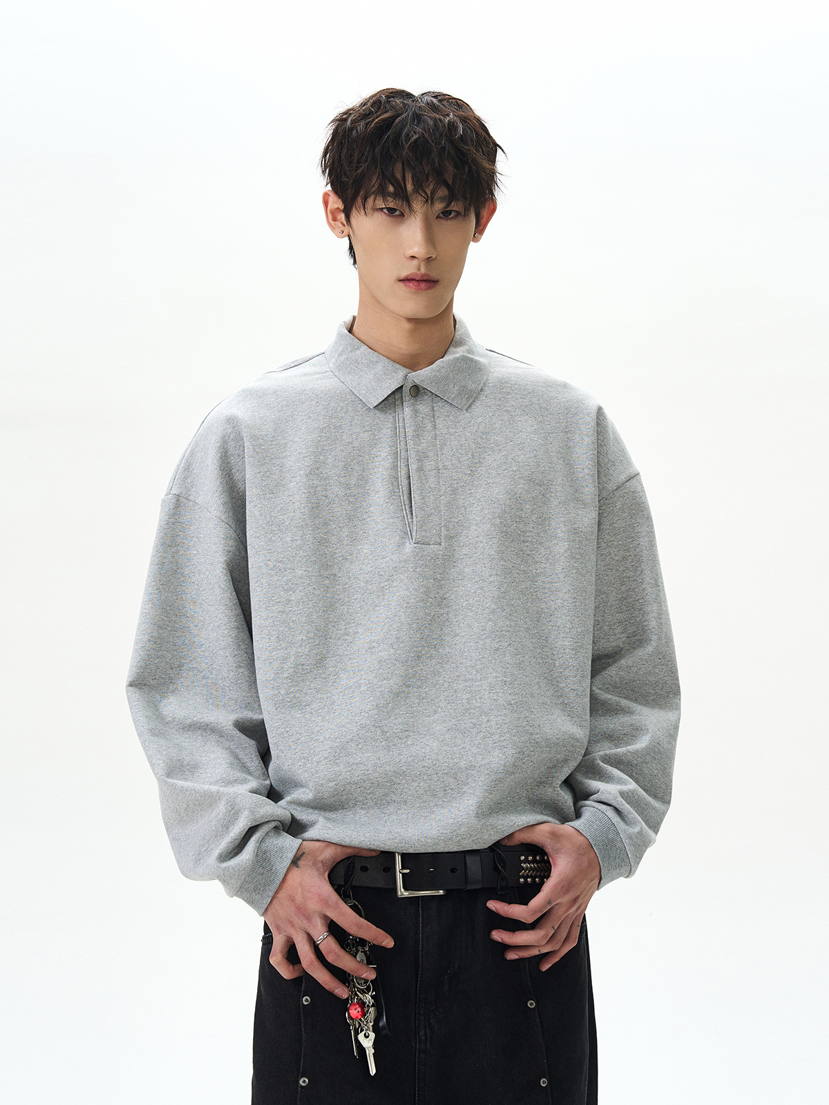 Unisex Retro Polo Collar Long Sleeve Sweatshirt - American Street Style Clean Fit, Versatile Loose Top Unisex Retro Polo Collar Long Sleeve Sweatshirt - American Street Style Clean Fit, Versatile Loose Top