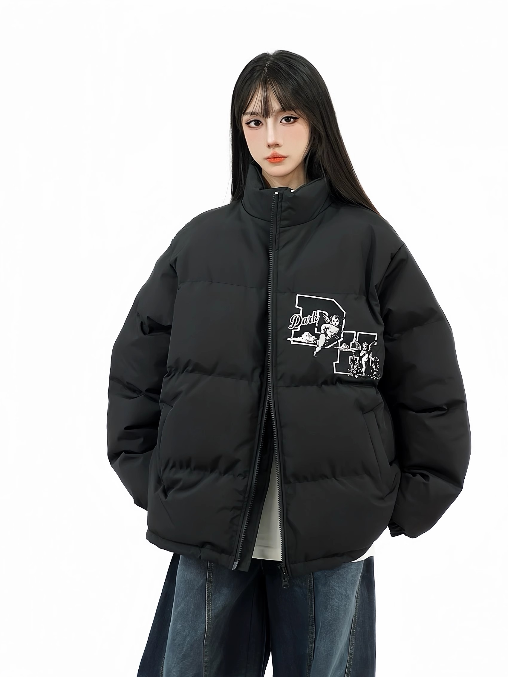 Unisex Thick Cotton Bread Jacket with National Trend Letter Embroidery - Loose Fit Winter Coat for Couples Unisex Thick Cotton Bread Jacket with National Trend Letter Embroidery - Loose Fit Winter Coat for Couples