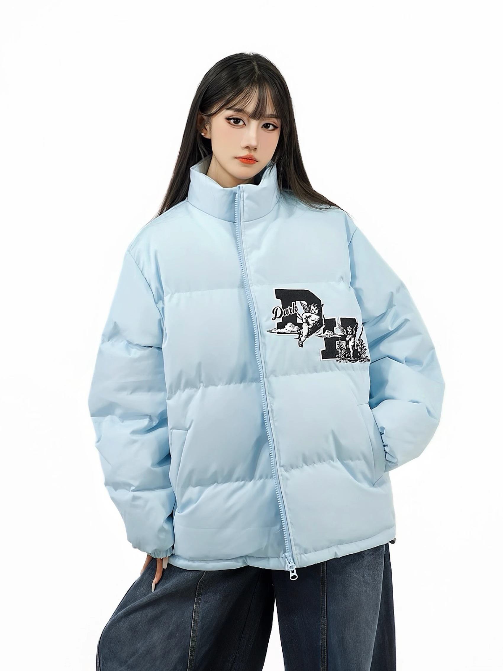 Unisex Thick Cotton Bread Jacket with National Trend Letter Embroidery - Loose Fit Winter Coat for Couples