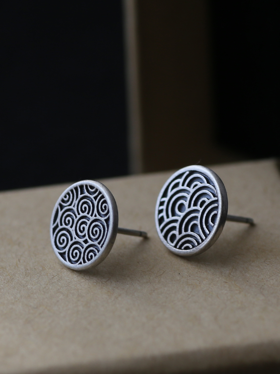 Unisex Vintage 925 Silver Rippled Cloud Tag Earrings - National Style Design, Round Studs for Unique Fashion Statement Unisex Vintage 925 Silver Rippled Cloud Tag Earrings - National Style Design, Round Studs for Unique Fashion Statement