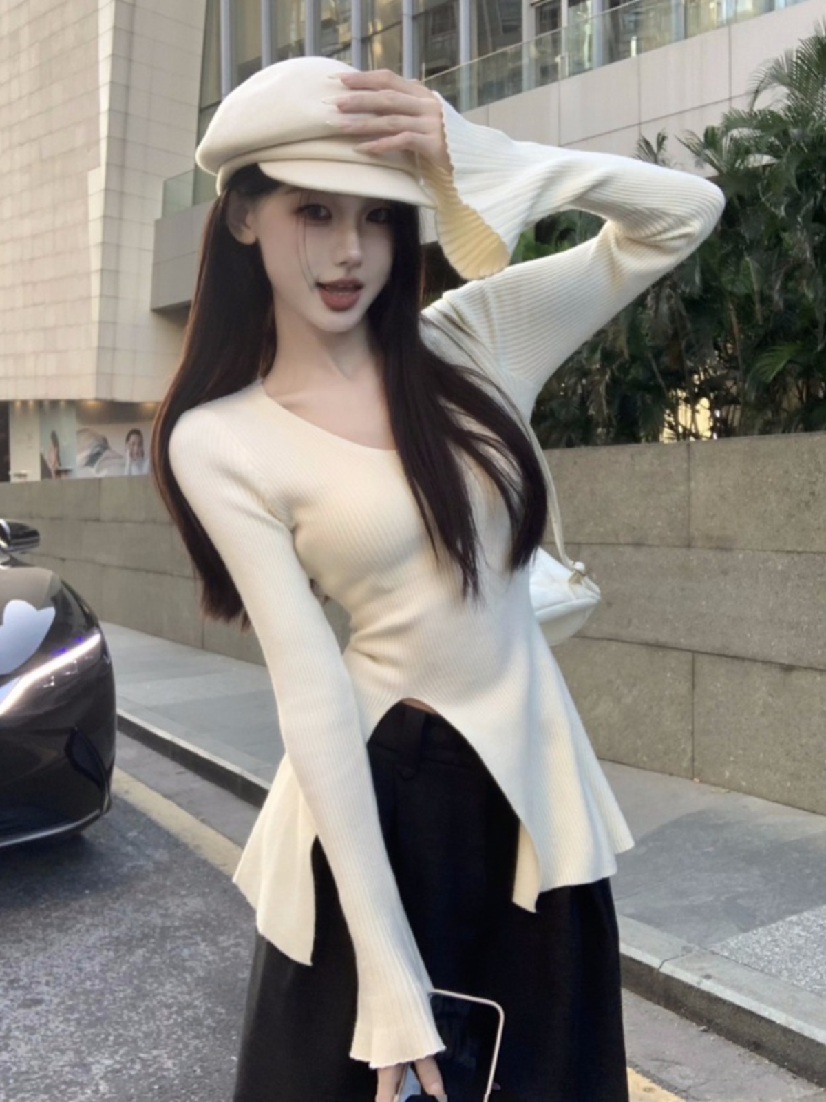 V-Neck Bell Sleeve Knitted Top for Women, Chic Waist-Cinching Design with Split Detail, Perfect for 90s and Y2K Fashion Lovers V-Neck Bell Sleeve Knitted Top for Women, Chic Waist-Cinching Design with Split Detail, Perfect for 90s and Y2K Fashion Lovers