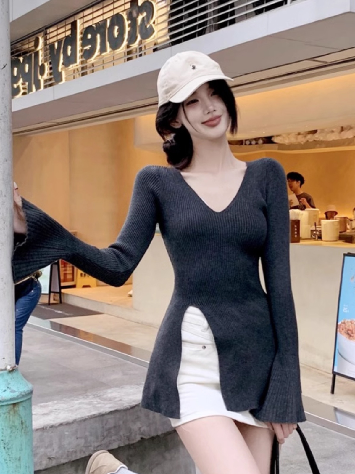 V-Neck Bell Sleeve Knitted Top for Women, Chic Waist-Cinching Design with Split Detail, Perfect for 90s and Y2K Fashion Lovers V-Neck Bell Sleeve Knitted Top for Women, Chic Waist-Cinching Design with Split Detail, Perfect for 90s and Y2K Fashion Lovers