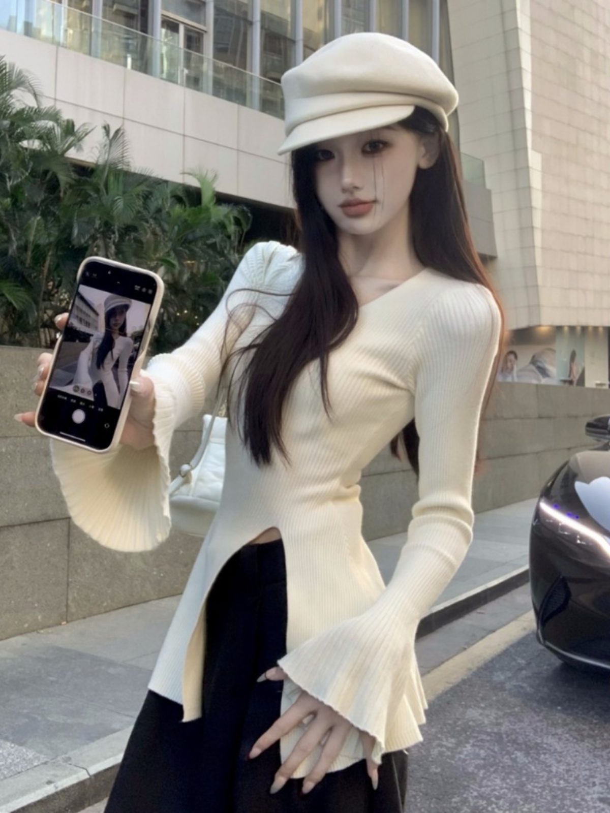 V-Neck Bell Sleeve Knitted Top for Women, Chic Waist-Cinching Design with Split Detail, Perfect for 90s and Y2K Fashion Lovers V-Neck Bell Sleeve Knitted Top for Women, Chic Waist-Cinching Design with Split Detail, Perfect for 90s and Y2K Fashion Lovers