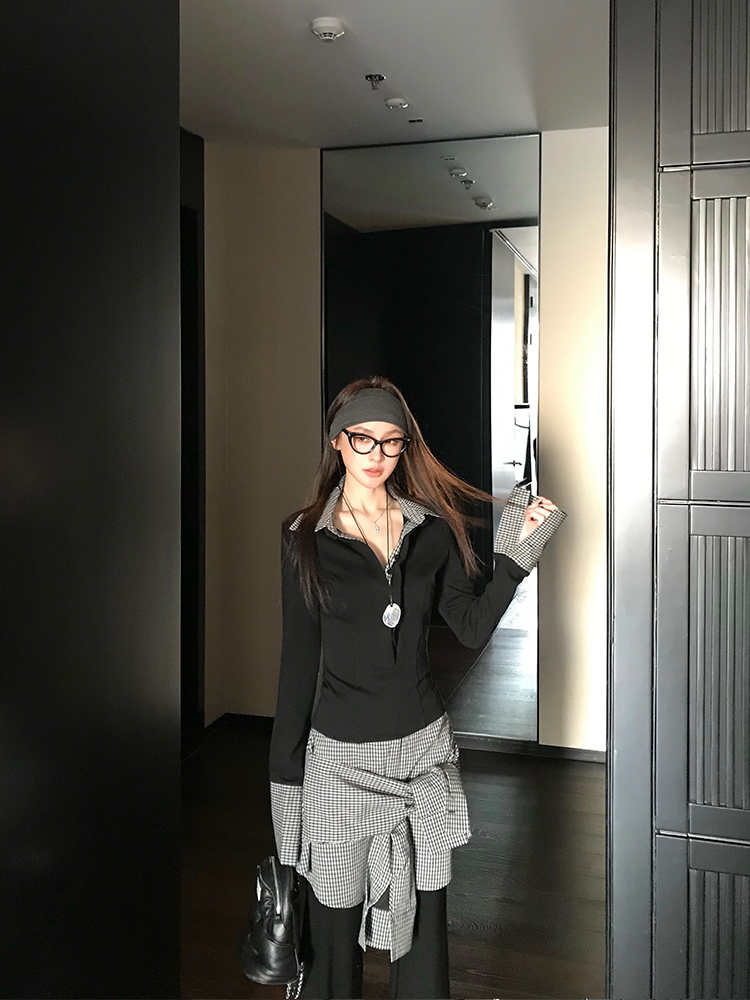 V-Neck Fake Two-Piece T-Shirt & Knitted Plaid Skirt Set - Trendy Hot Girl Fashion for Y2K Style