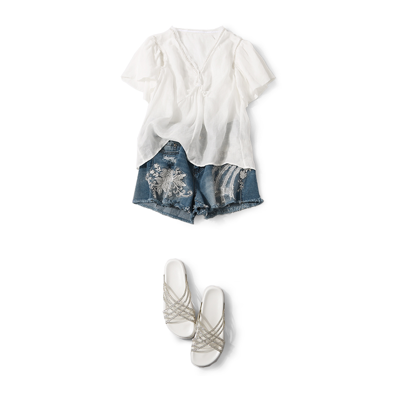 V-Neck Flared Sleeve Pleated Top for Women - Casual Solid Color Blouse with Bright Diamond Accent - Summer Fashion 2025