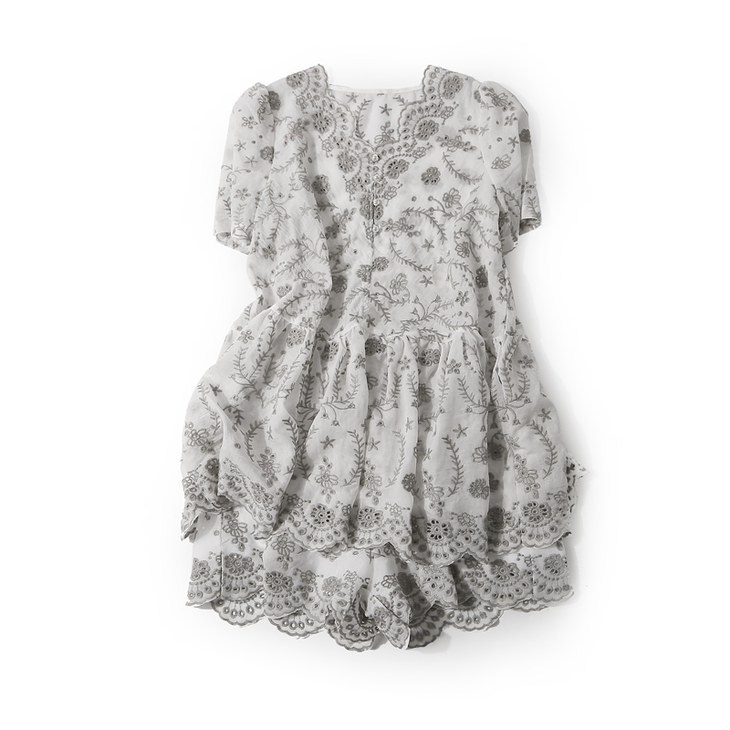 V-neck Hollow Embroidery Top with Elastic Waist Lace Trim Shorts Set for Women - 2025 Summer Fashion, European Style V-neck Hollow Embroidery Top with Elastic Waist Lace Trim Shorts Set for Women - 2025 Summer Fashion, European Style