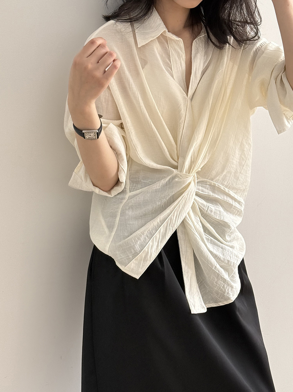 V-Neck Knot Irregular Waist Long Sleeve Women's Top - High-End Loose Style for Spring Summer 2025, Unique Fashion Statement