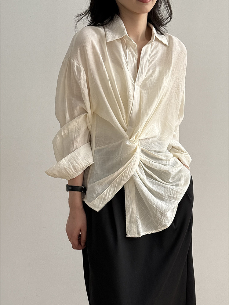 V-Neck Knot Irregular Waist Long Sleeve Women's Top - High-End Loose Style for Spring Summer 2025, Unique Fashion Statement V-Neck Knot Irregular Waist Long Sleeve Women's Top - High-End Loose Style for Spring Summer 2025, Unique Fashion Statement