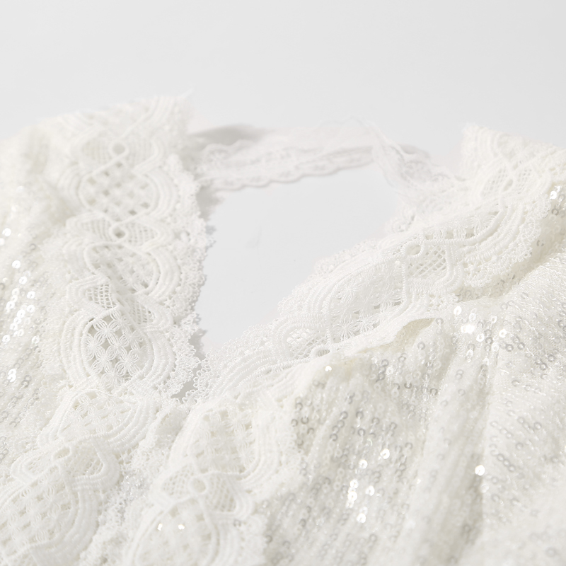 V-Neck Sequin Hollow Lace Casual Top for Women - Summer Fashion, Versatile Loose Fit, European Style, Perfect for 90s Y2K Looks