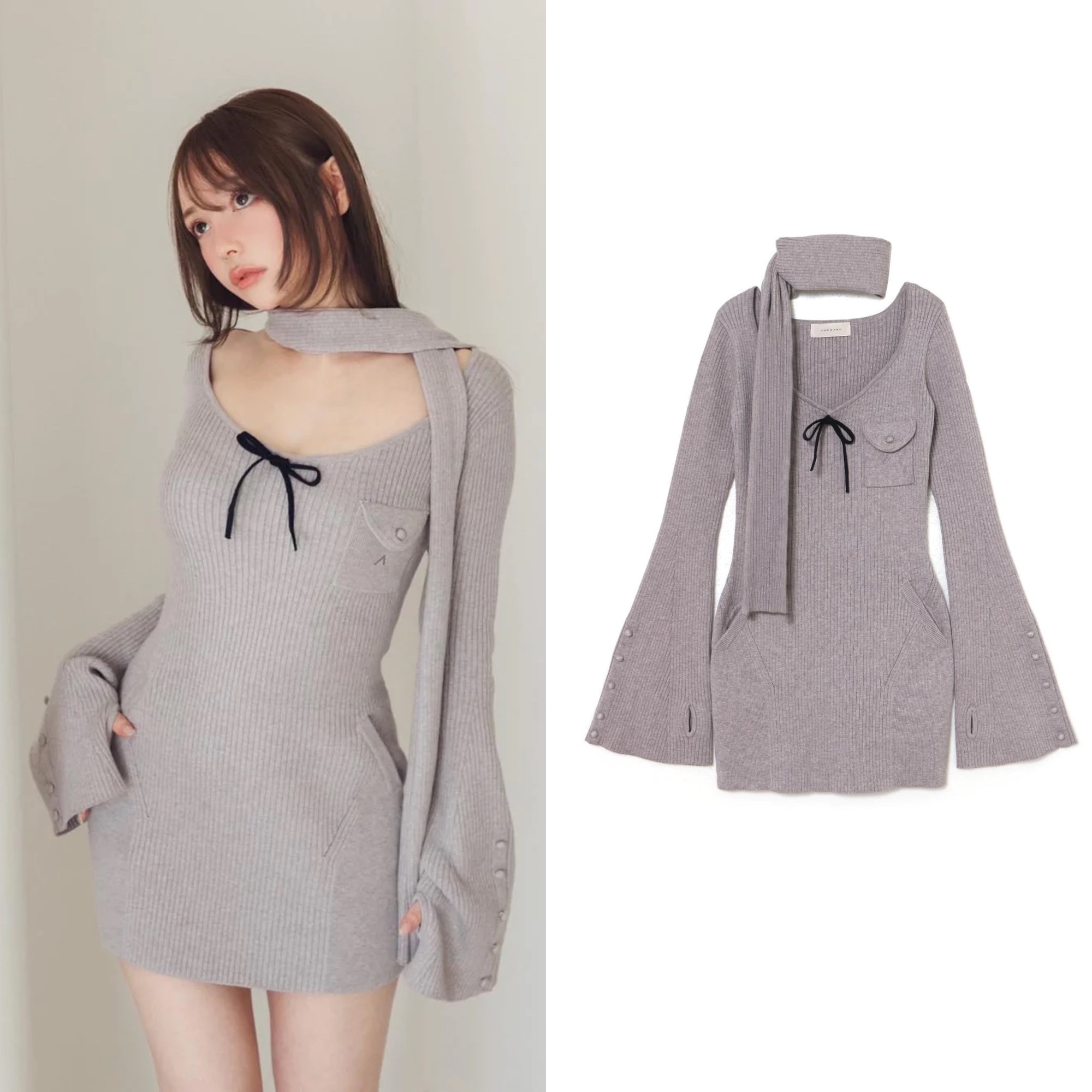 V-neck Waist-Cinching Knitted Dress with Scarf - Short Skirt, Japanese Style, Perfect for Y2K and 90s Fashion Lovers