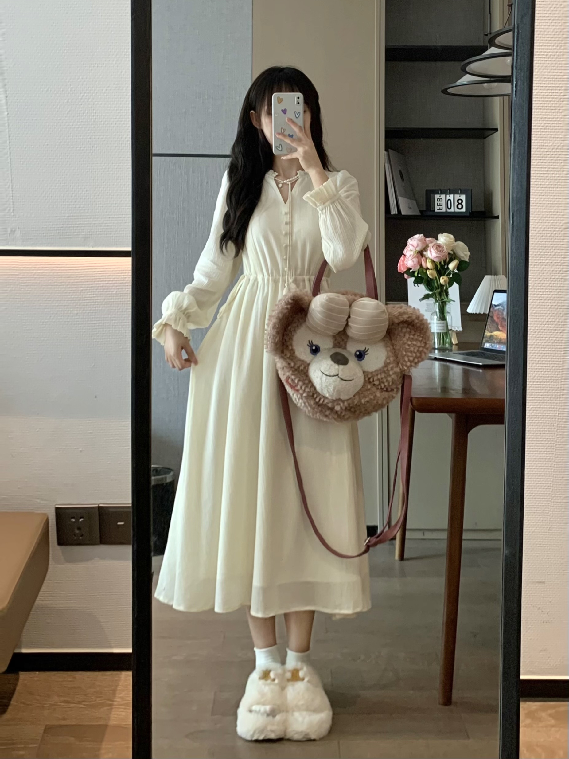 V-Neck White Waist-Design Slimming Elegant Vintage Long Sleeve Dress for Early Spring Vacation - 90s Inspired Fashion V-Neck White Waist-Design Slimming Elegant Vintage Long Sleeve Dress for Early Spring Vacation - 90s Inspired Fashion