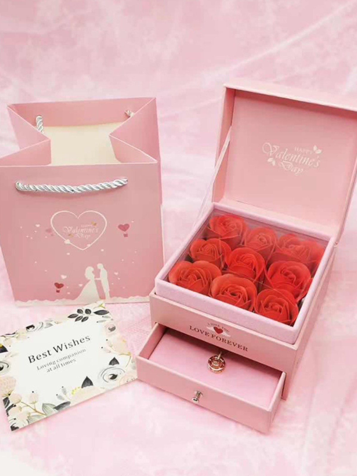 Valentine's Day Jewelry Gift Box with 9 Rose Bracelet, Ring, Necklace, and Earrings - Romantic Gift Set for Her Valentine's Day Jewelry Gift Box with 9 Rose Bracelet, Ring, Necklace, and Earrings - Romantic Gift Set for Her