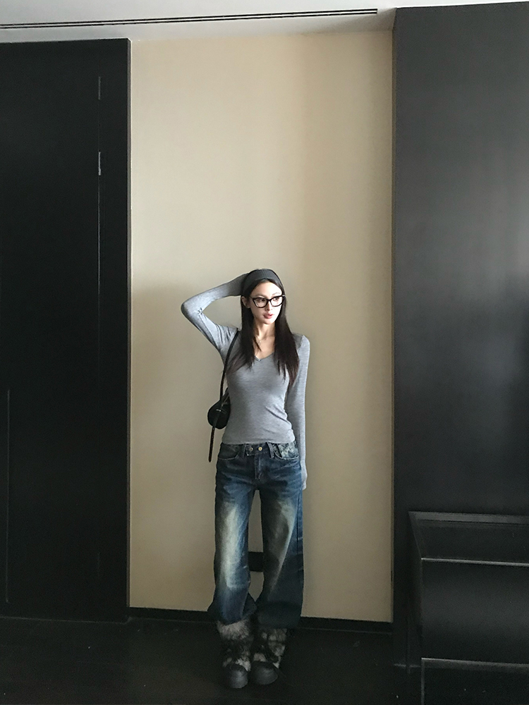 Versatile American Washed Blue Straight-Leg Jeans for Women, Low-Waist Loose Wide-Leg Casual Pants, Y2K Fashion Trend Versatile American Washed Blue Straight-Leg Jeans for Women, Low-Waist Loose Wide-Leg Casual Pants, Y2K Fashion Trend