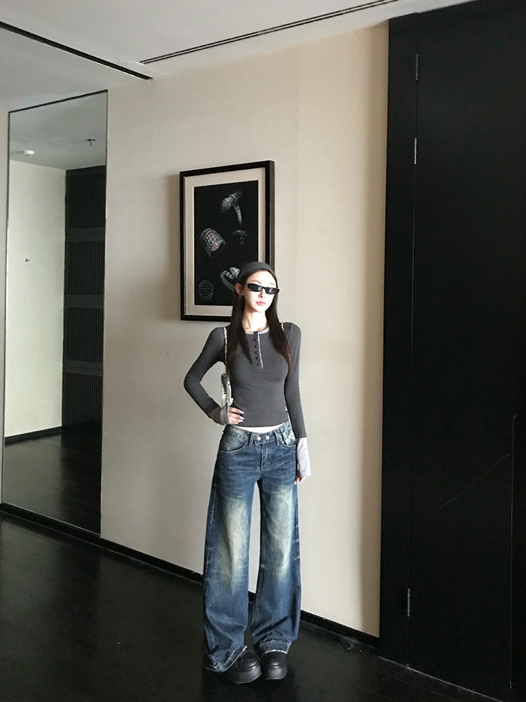 Versatile American Washed Blue Straight-Leg Jeans for Women, Low-Waist Loose Wide-Leg Casual Pants, Y2K Fashion Trend