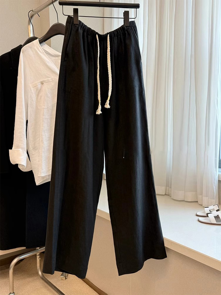 Versatile Elastic Waistband Tapered Straight-Leg Pants with Flowing Straps - Linen Slimming Casual Summer Pants for a Youthful Look