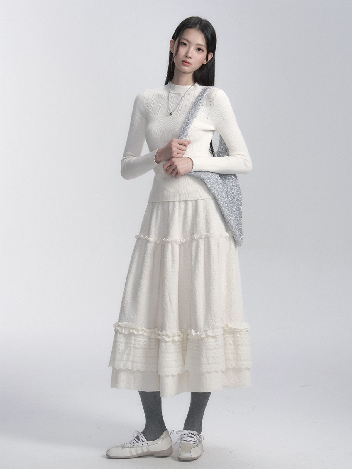 Versatile Knitted Lace Fluffy Midi Skirt - Out of Control Little Sheep Design, Y2K Style Cake Skirt Versatile Knitted Lace Fluffy Midi Skirt - Out of Control Little Sheep Design, Y2K Style Cake Skirt