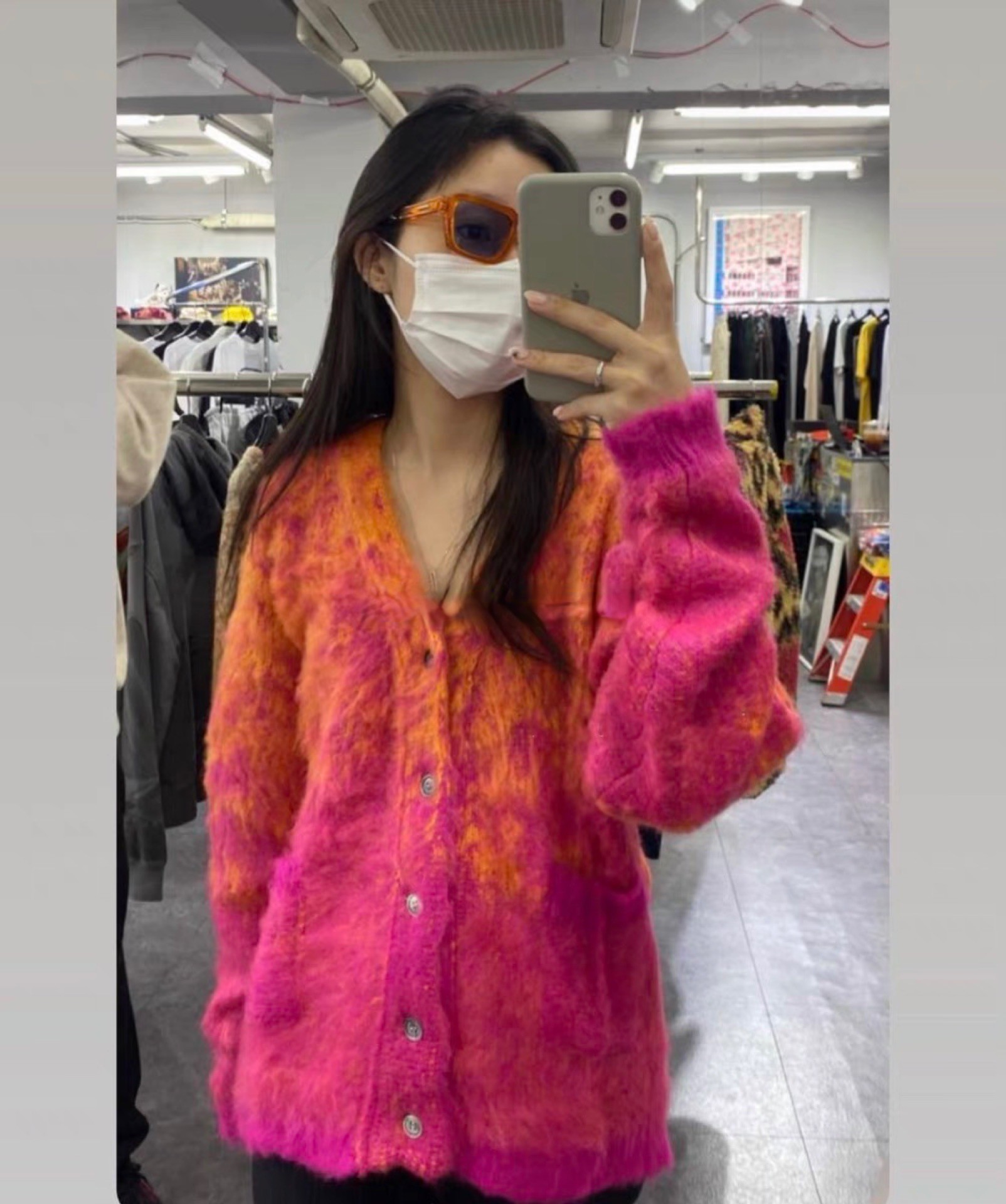 Versatile Loose Fit Gradient Color Block Knitted Cardigan in Orange Peach Pink - Unique Korean Style Fashion