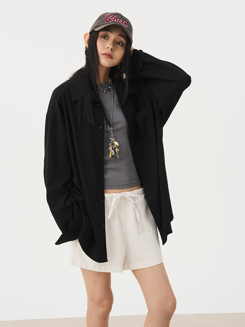 Versatile Oversized Black Knitted Cardigan Coat Shirt for Women - Elegant Long Sleeve Layered Style