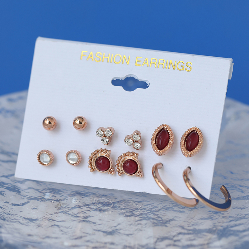 Versatile Red Gemstone Stud Earrings - 6 Pairs Sparkling Diamond Design, Women's Korean Style, Internet Celebrity Ear Accessories