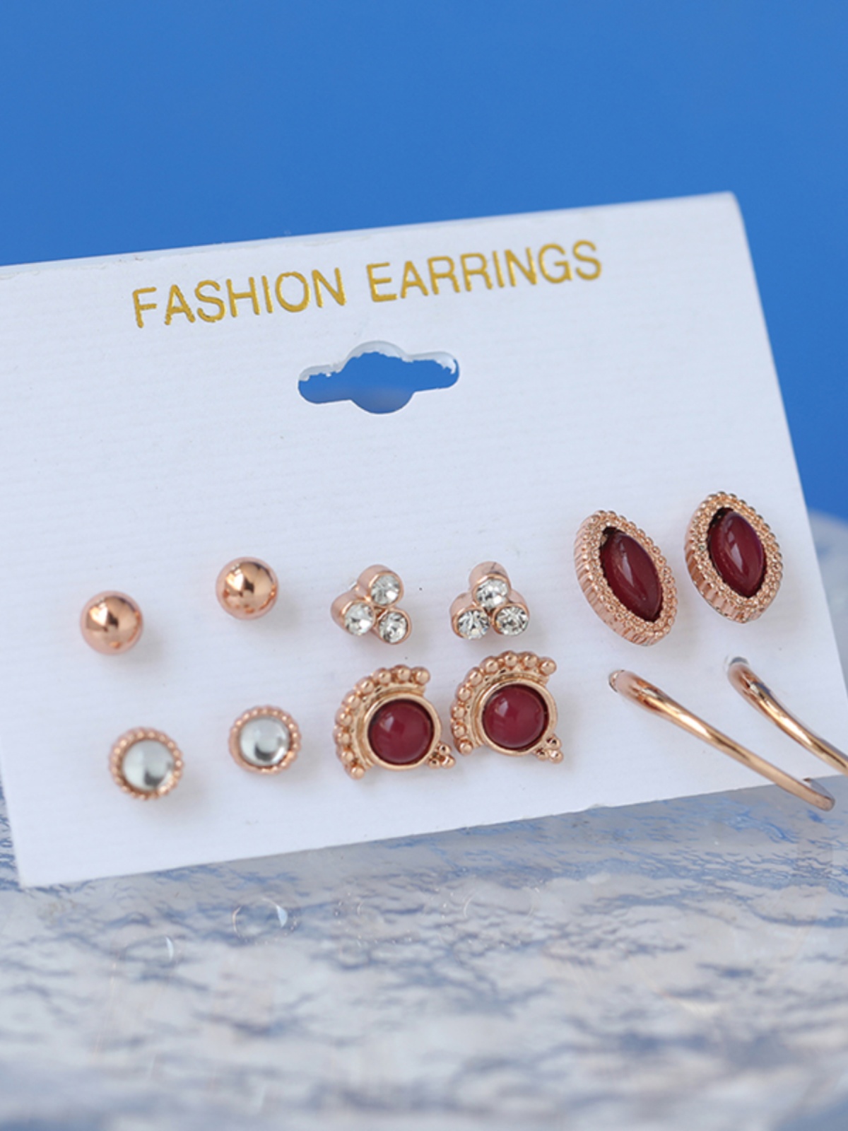 Versatile Red Gemstone Stud Earrings - 6 Pairs Sparkling Diamond Design, Women's Korean Style, Internet Celebrity Ear Accessories