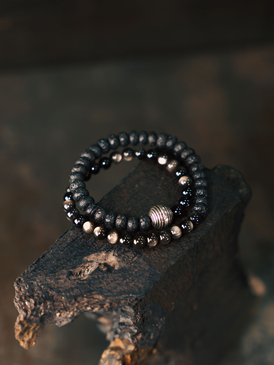 Versatile Silver Obsidian Volcanic Stone Couple Bracelet - Personalized Retro Double Circle Bead Design for Men and Women Versatile Silver Obsidian Volcanic Stone Couple Bracelet - Personalized Retro Double Circle Bead Design for Men and Women