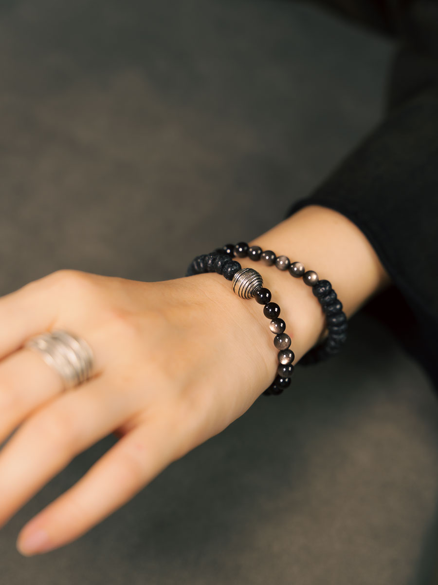 Versatile Silver Obsidian Volcanic Stone Couple Bracelet - Personalized Retro Double Circle Bead Design for Men and Women Versatile Silver Obsidian Volcanic Stone Couple Bracelet - Personalized Retro Double Circle Bead Design for Men and Women