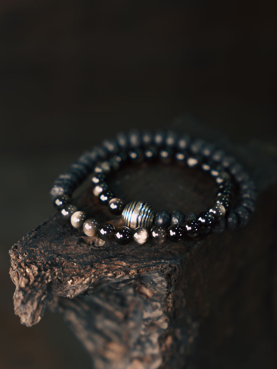 Versatile Silver Obsidian Volcanic Stone Couple Bracelet - Personalized Retro Double Circle Bead Design for Men and Women Versatile Silver Obsidian Volcanic Stone Couple Bracelet - Personalized Retro Double Circle Bead Design for Men and Women