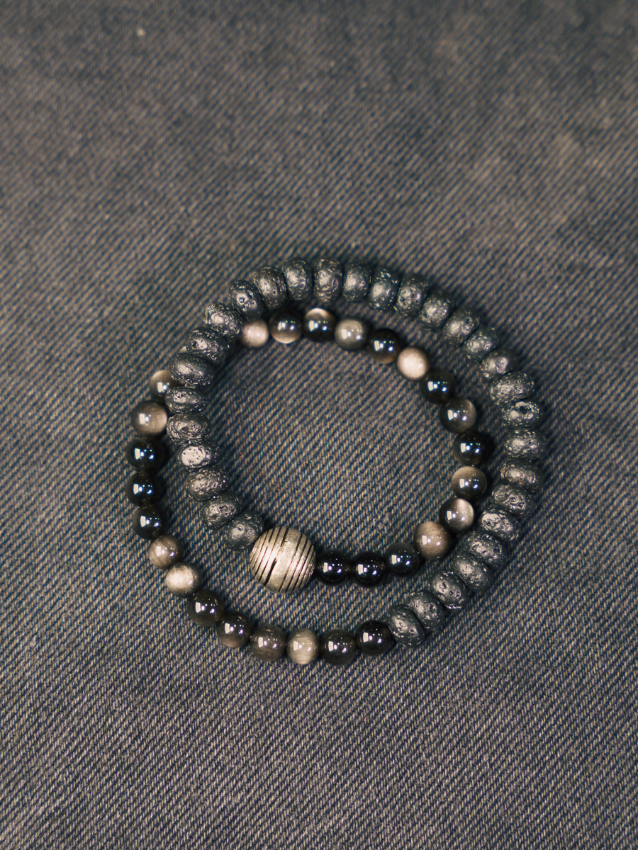 Versatile Silver Obsidian Volcanic Stone Couple Bracelet - Personalized Retro Double Circle Bead Design for Men and Women Versatile Silver Obsidian Volcanic Stone Couple Bracelet - Personalized Retro Double Circle Bead Design for Men and Women