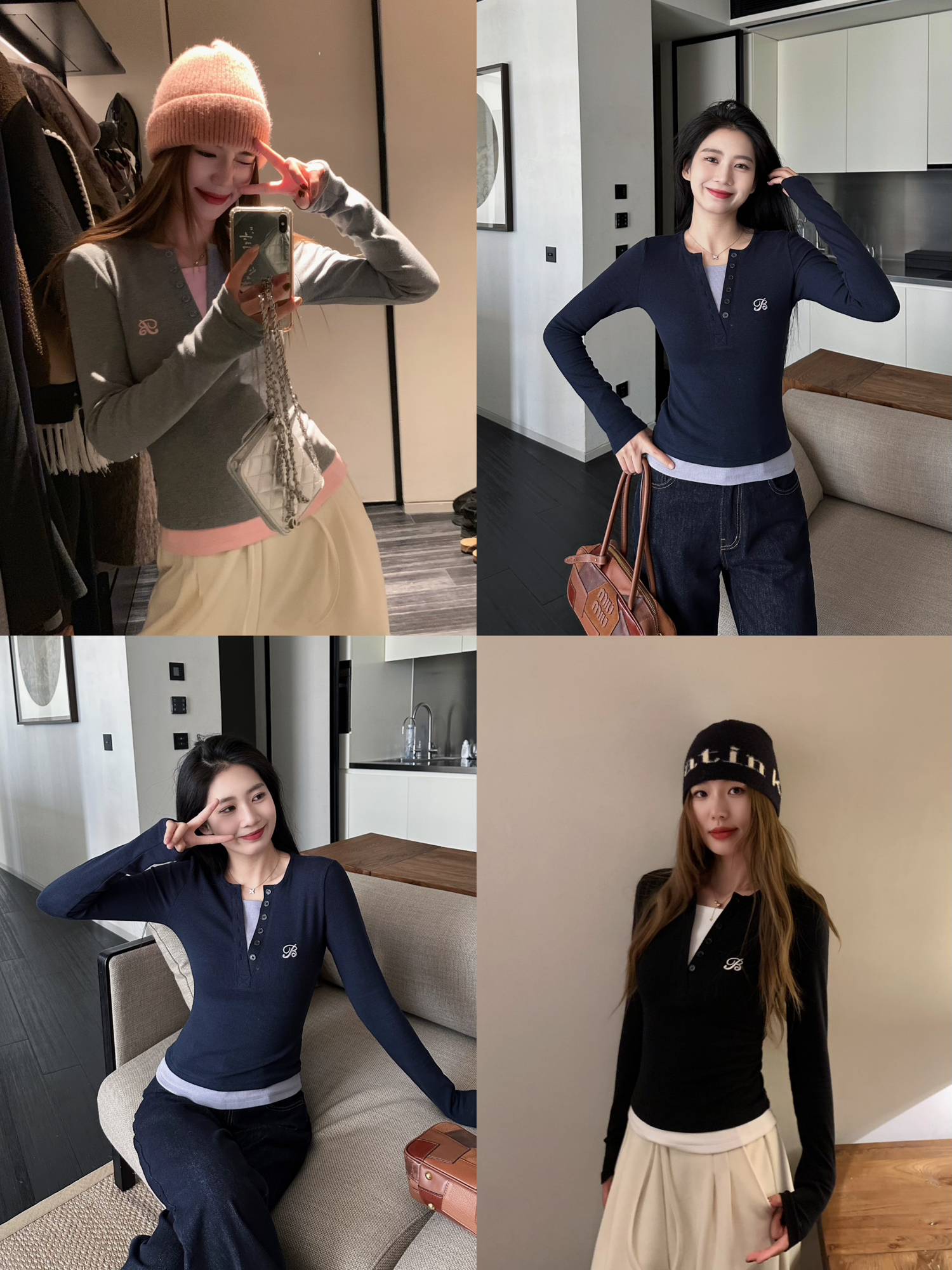 Versatile Slim-Fit Long Sleeve Shirt - 3-Color Embroidered Contrasting Shoulder Faux Two-Piece Design