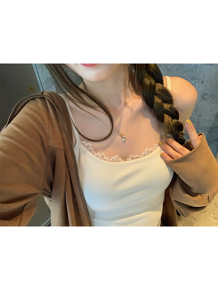 Versatile Women's Knitted Vest and Lace Camisole Set - Lazy Solid Color Layering Outfit for Y2K Style Versatile Women's Knitted Vest and Lace Camisole Set - Lazy Solid Color Layering Outfit for Y2K Style