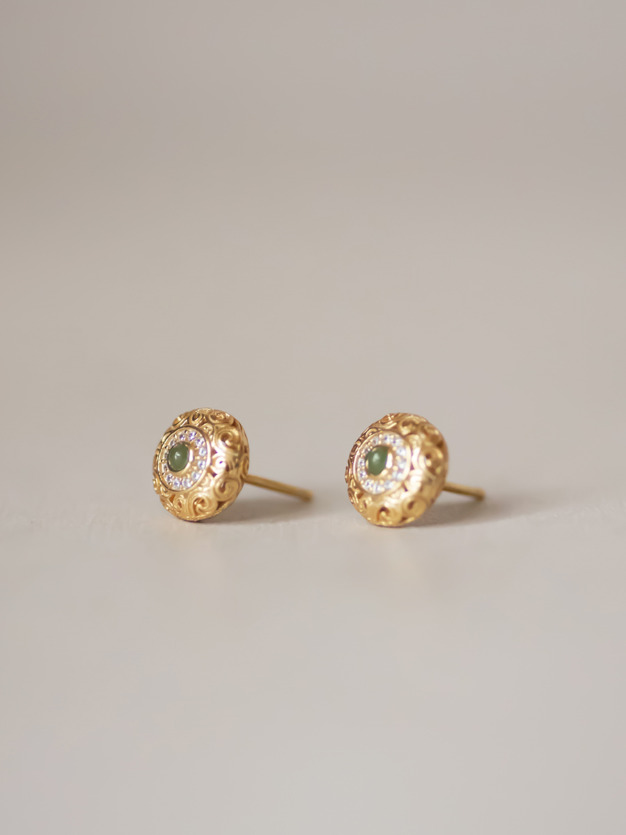 Vintage 925 Silver Plated Gold Cloud Pattern Hollowed Out Jade Zircon Round Earrings - Unique Mother's Day Jewelry Gift Vintage 925 Silver Plated Gold Cloud Pattern Hollowed Out Jade Zircon Round Earrings - Unique Mother's Day Jewelry Gift