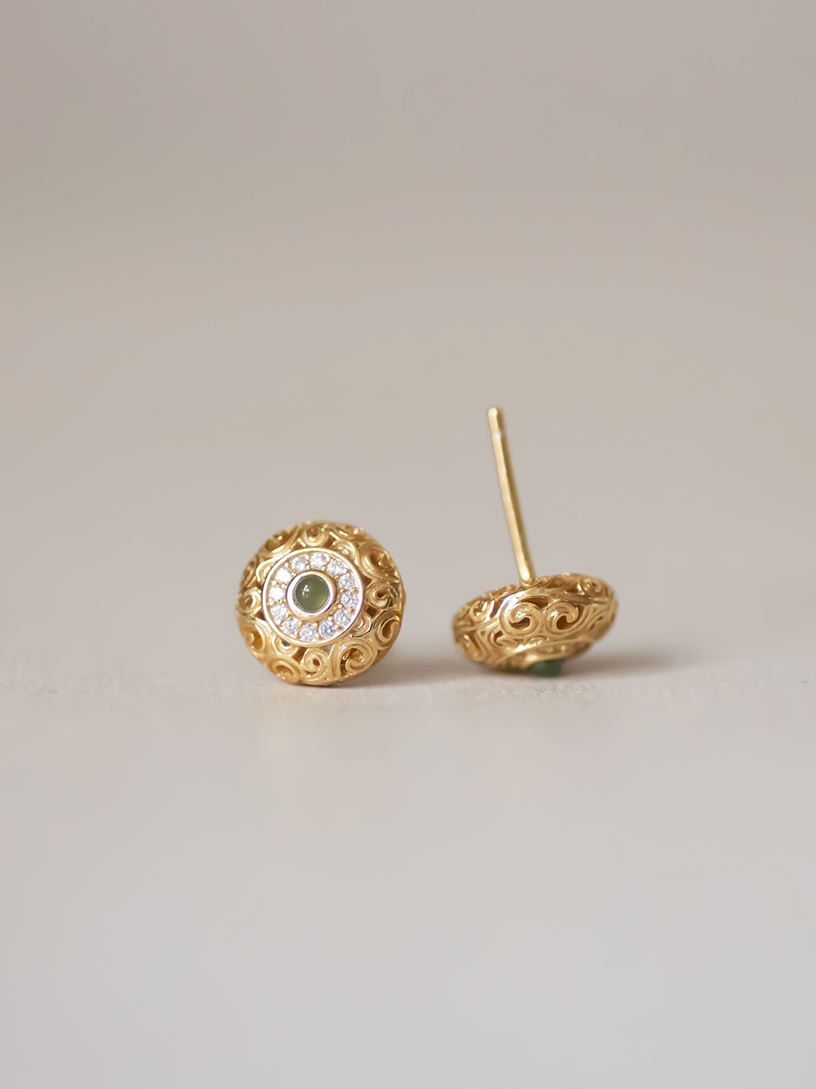 Vintage 925 Silver Plated Gold Cloud Pattern Hollowed Out Jade Zircon Round Earrings - Unique Mother's Day Jewelry Gift